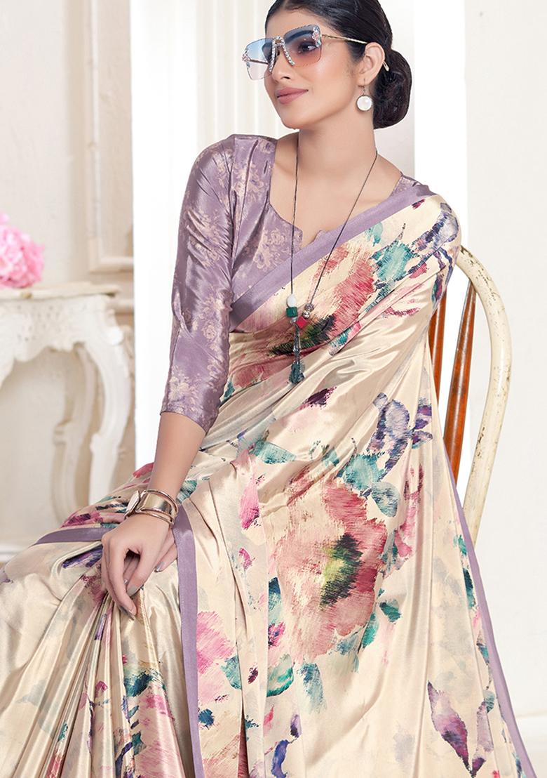 Beige Printed Crepe Soft Silk Saree Set - Indya
