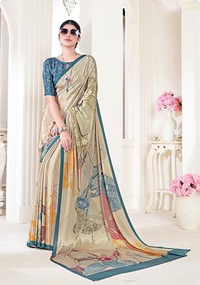 Beige Printed Crepe Soft Silk Saree Set