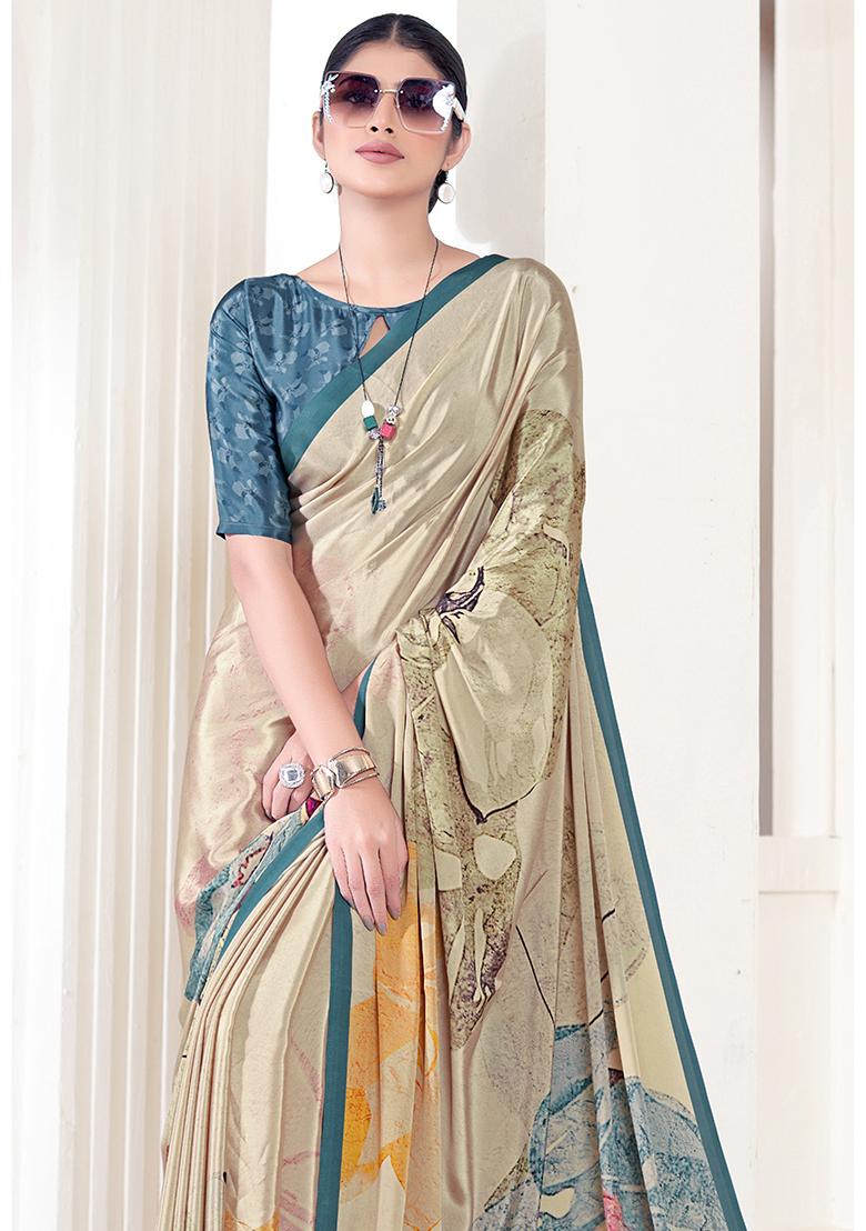 Beige Printed Crepe Soft Silk Saree Set - Indya