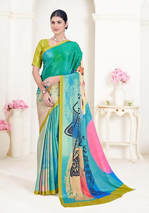 Blue Printed Crepe Soft Silk Saree Set