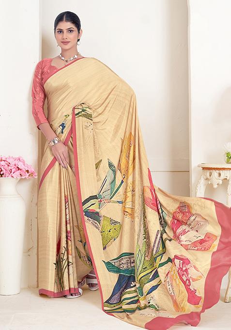 Beige Printed Crepe Soft Silk Saree Set