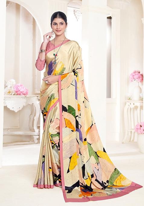 Cream Printed Crepe Soft Silk Saree Set