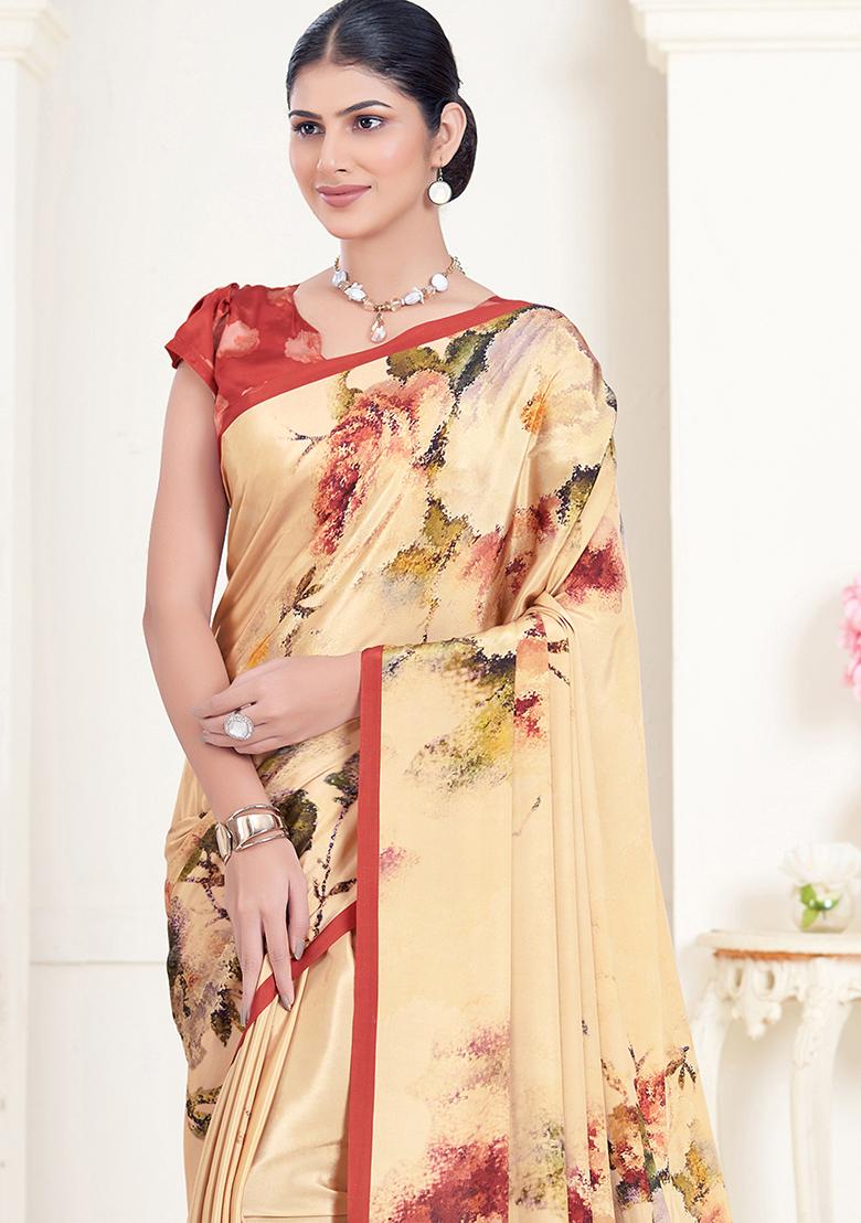 Cream Printed Crepe Soft Silk Saree Set