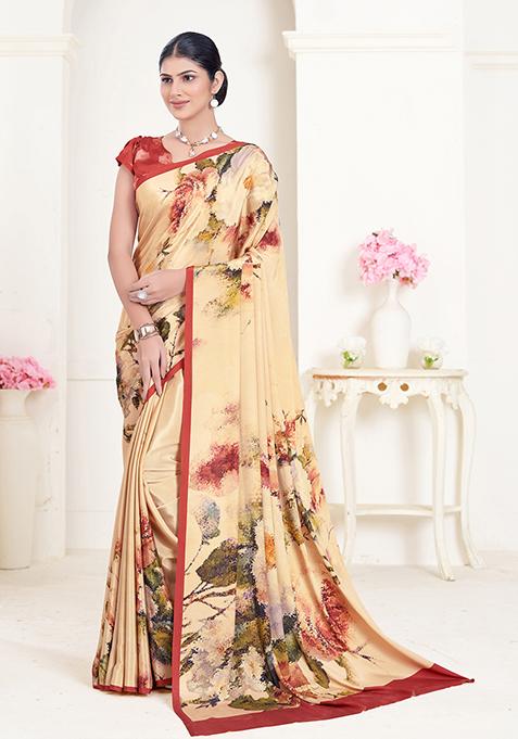 Cream Printed Crepe Soft Silk Saree Set