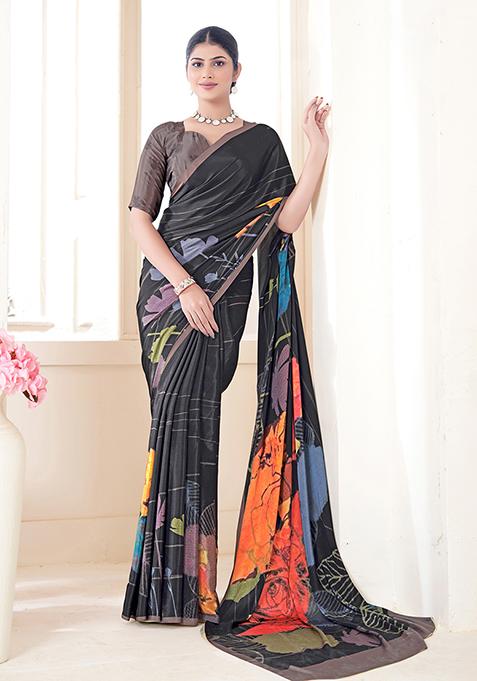 Black Printed Crepe Soft Silk Saree Set