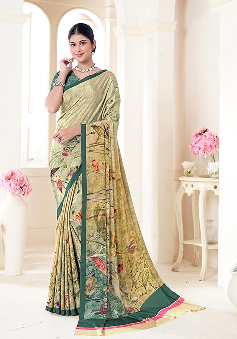 Beige Printed Crepe Soft Silk Saree Set