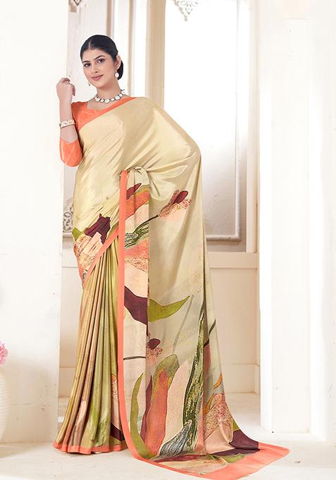 Cream Printed Crepe Soft Silk Saree Set