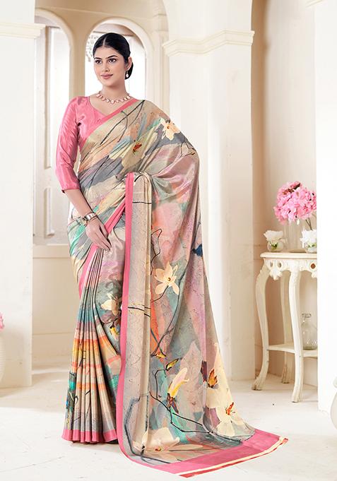 Multicolour Printed Crepe Soft Silk Saree Set