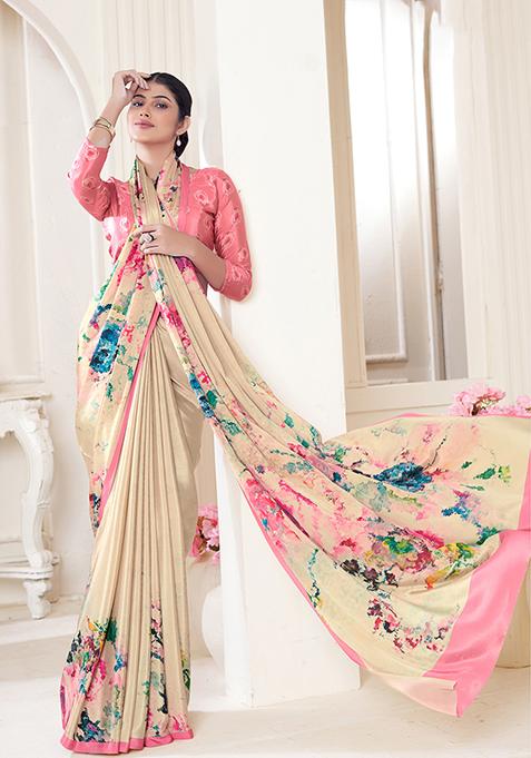 Cream Printed Crepe Soft Silk Saree Set