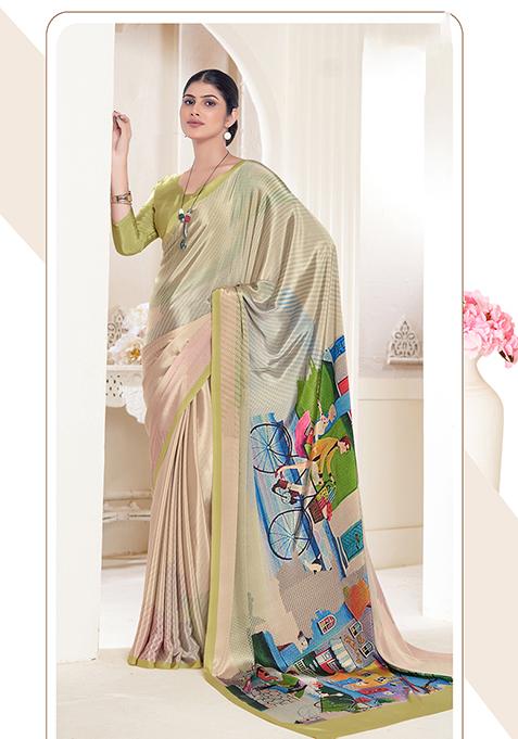 Cream Printed Crepe Soft Silk Saree Set