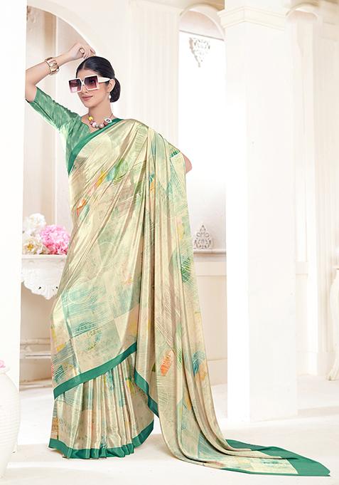 Cream Printed Crepe Soft Silk Saree Set