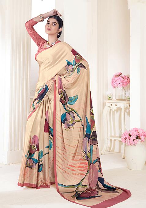 Cream Printed Crepe Soft Silk Saree Set