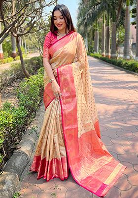 Beige Weaving Design Tissue Silk Saree Set