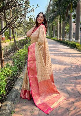 Beige Weaving Design Tissue Silk Saree Set - Indya