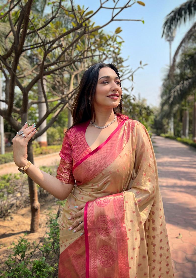 Beige Weaving Design Tissue Silk Saree Set