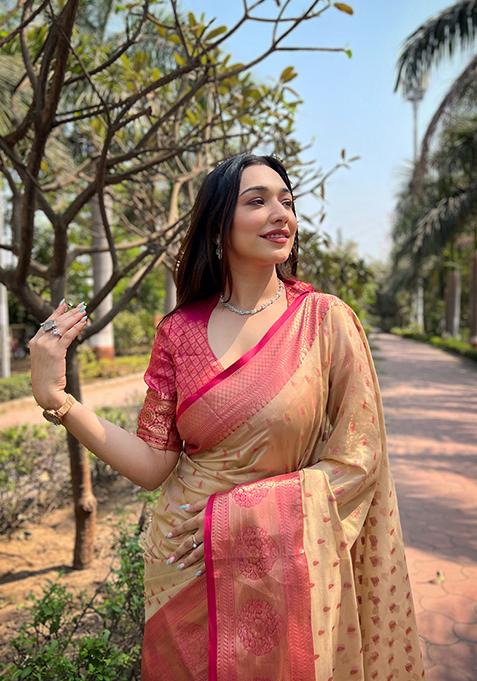 Beige Weaving Design Tissue Silk Saree Set