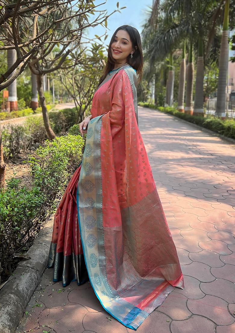 Peach Weaving Design Tissue Silk Saree Set