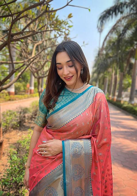 Peach Weaving Design Tissue Silk Saree Set