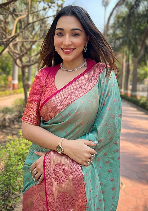 Rama Blue Weaving Design Tissue Silk Saree Set