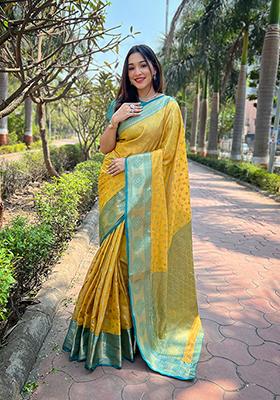 Yellow Weaving Design Tissue Silk Saree Set