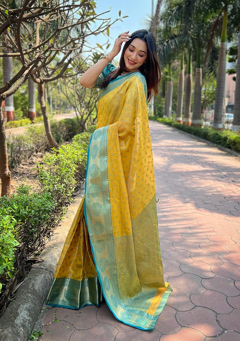 Yellow Weaving Design Tissue Silk Saree Set