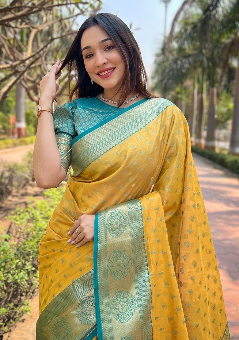 Yellow Weaving Design Tissue Silk Saree Set