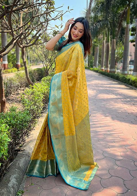 Yellow Weaving Design Tissue Silk Saree Set