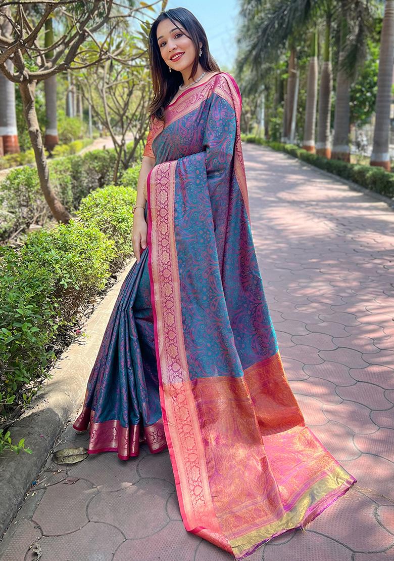 Blue Weaving Design Silk Saree Set