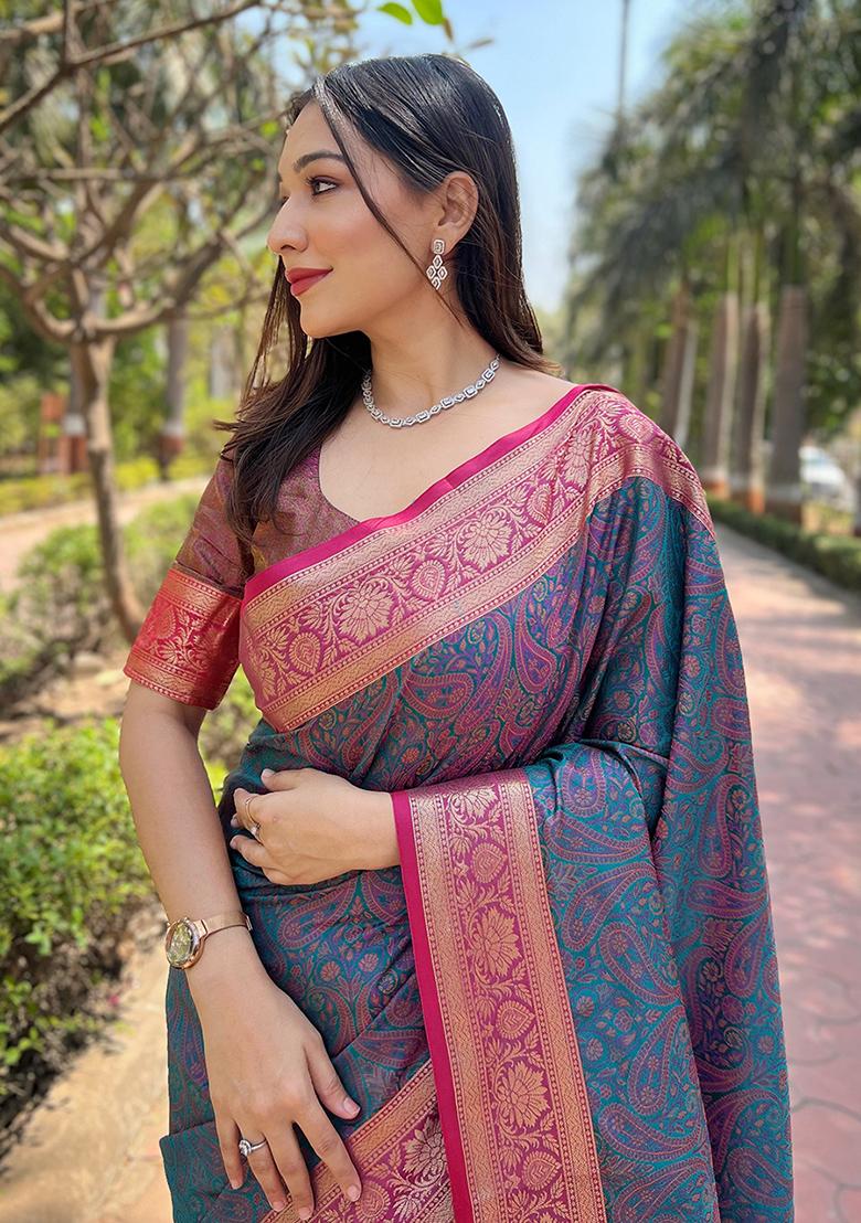 Blue Weaving Design Silk Saree Set - Indya