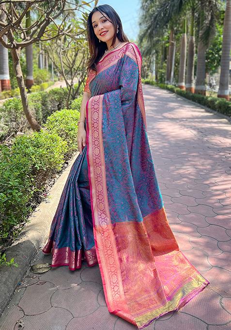 Blue Weaving Design Silk Saree Set