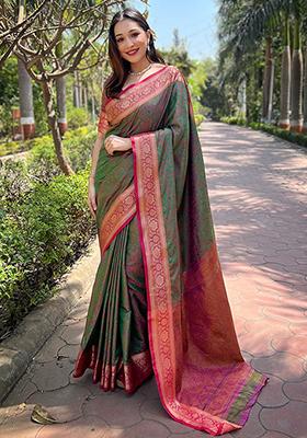 Green Weaving Design Silk Saree Set