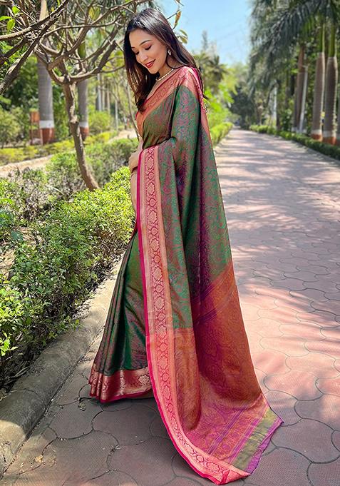 Green Weaving Design Silk Saree Set