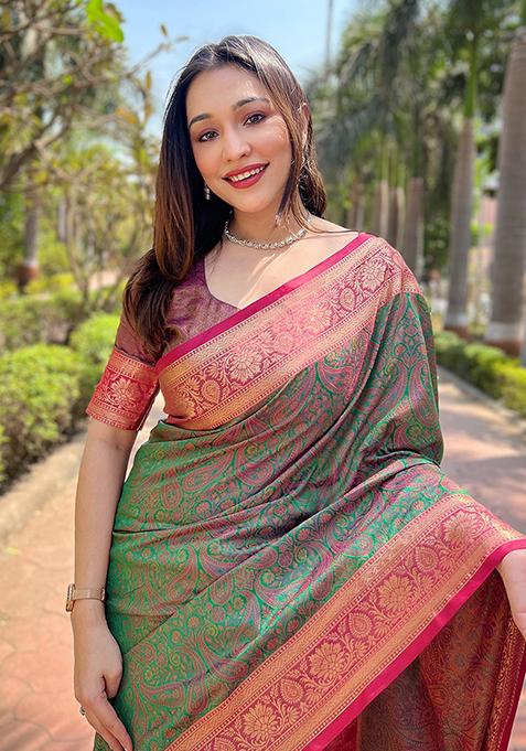 Green Weaving Design Silk Saree Set