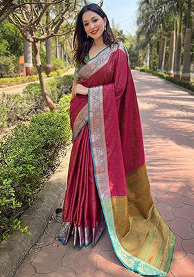 Pink Weaving Design Silk Saree Set