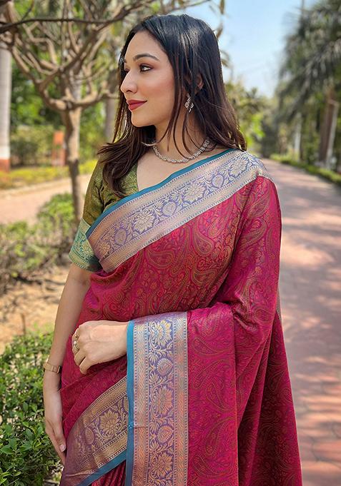 Pink Weaving Design Silk Saree Set