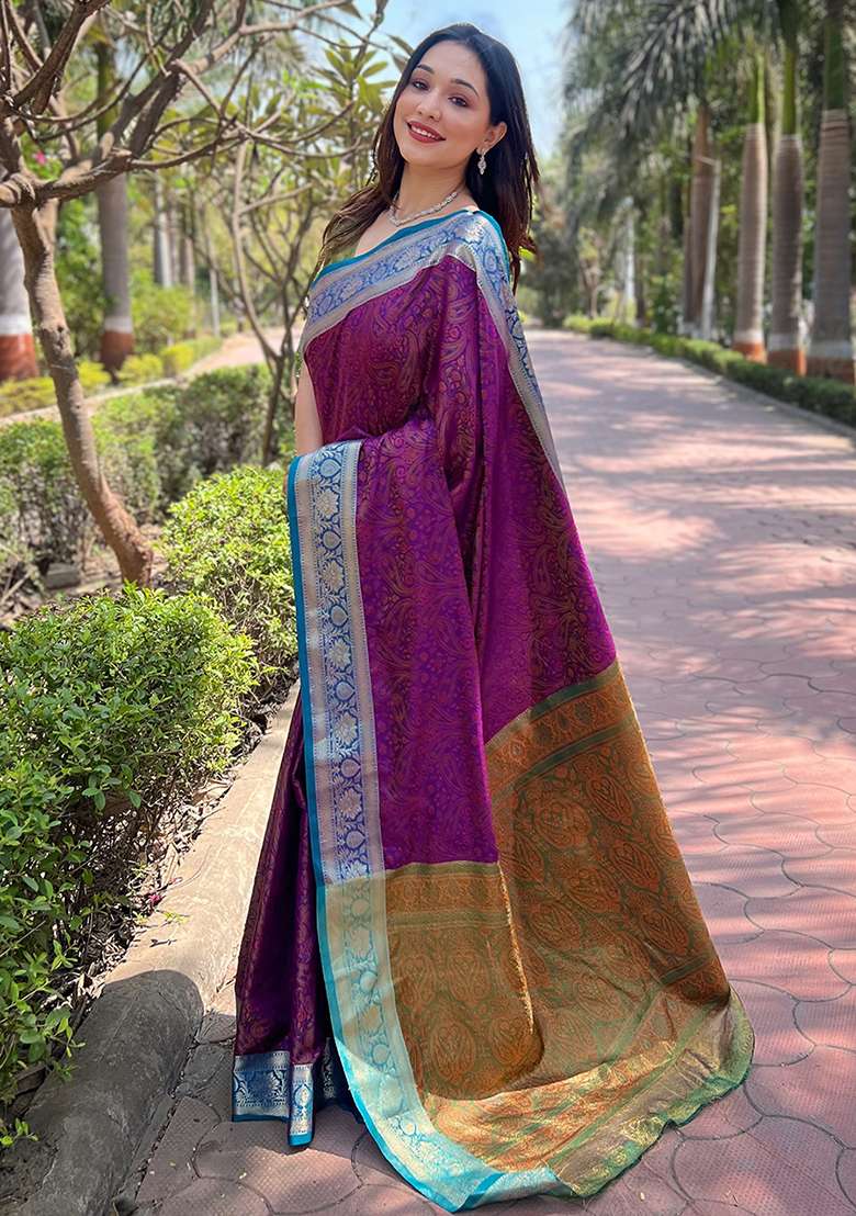 Purple Weaving Design Silk Saree Set - Indya