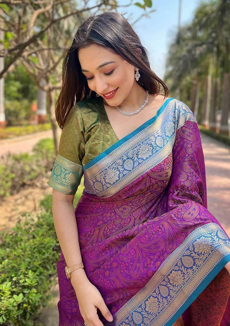Purple Weaving Design Silk Saree Set - Indya