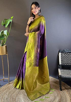 Violet Zari Embroidered Soft Silk Saree Set - Indya