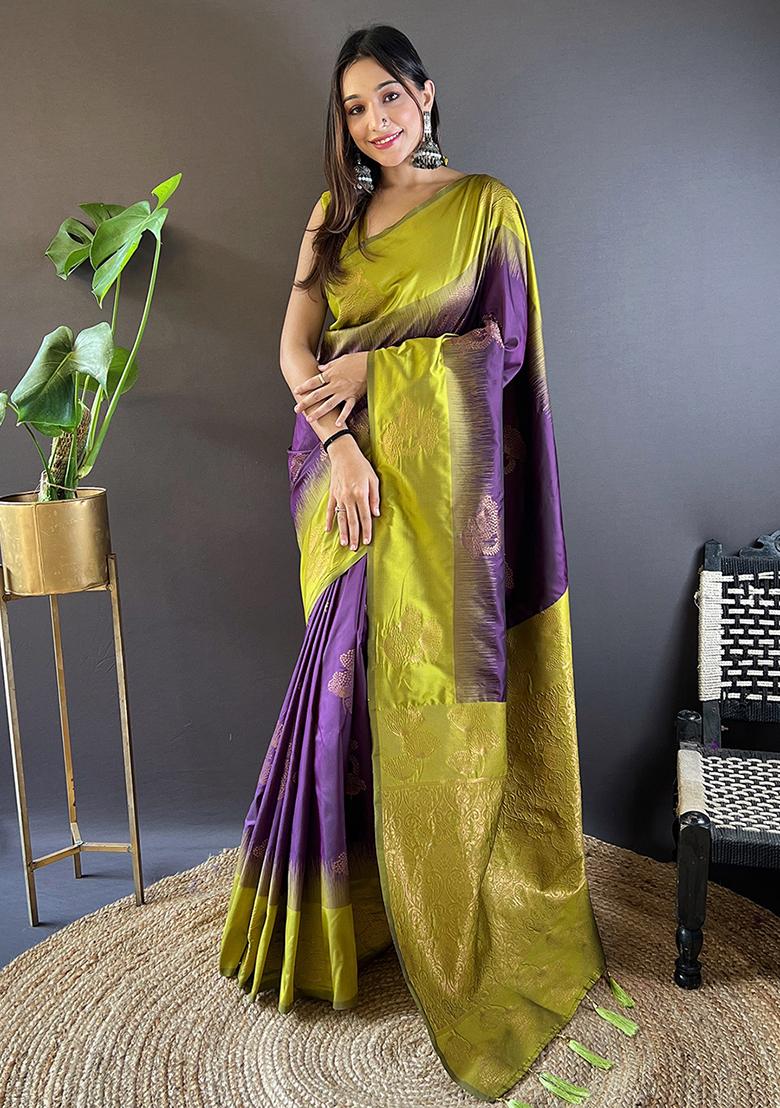 Violet Zari Embroidered Soft Silk Saree Set - Indya