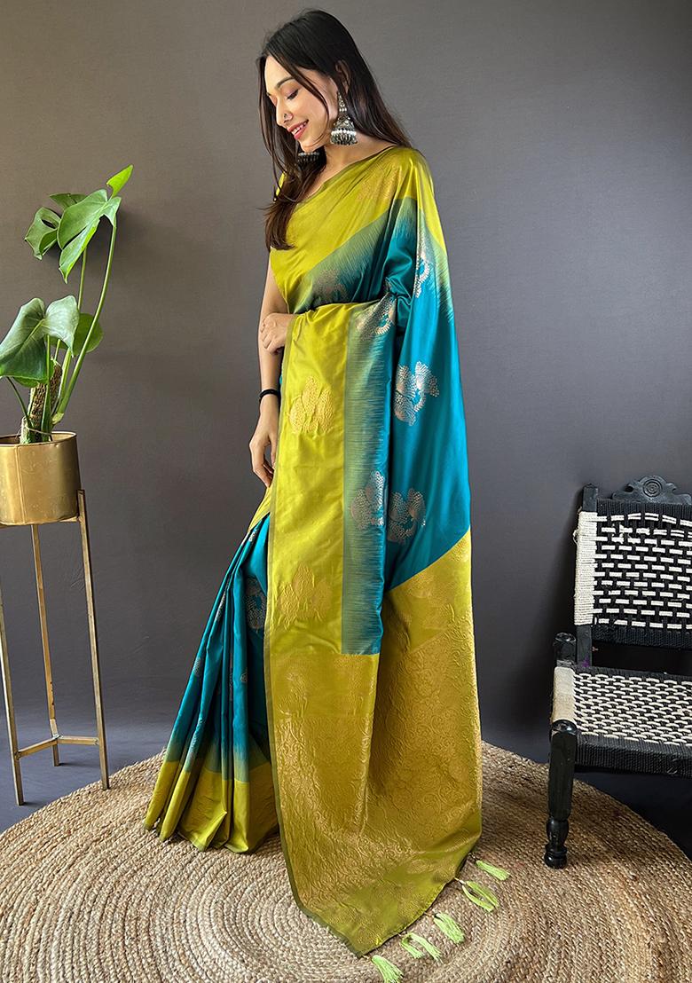 Sea Green Zari Embroidered Soft Silk Saree Set