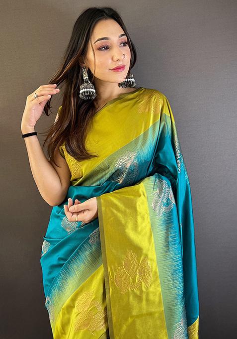 Sea Green Zari Embroidered Soft Silk Saree Set