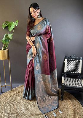 Burgundy Zari Embroidered Soft Silk Saree Set