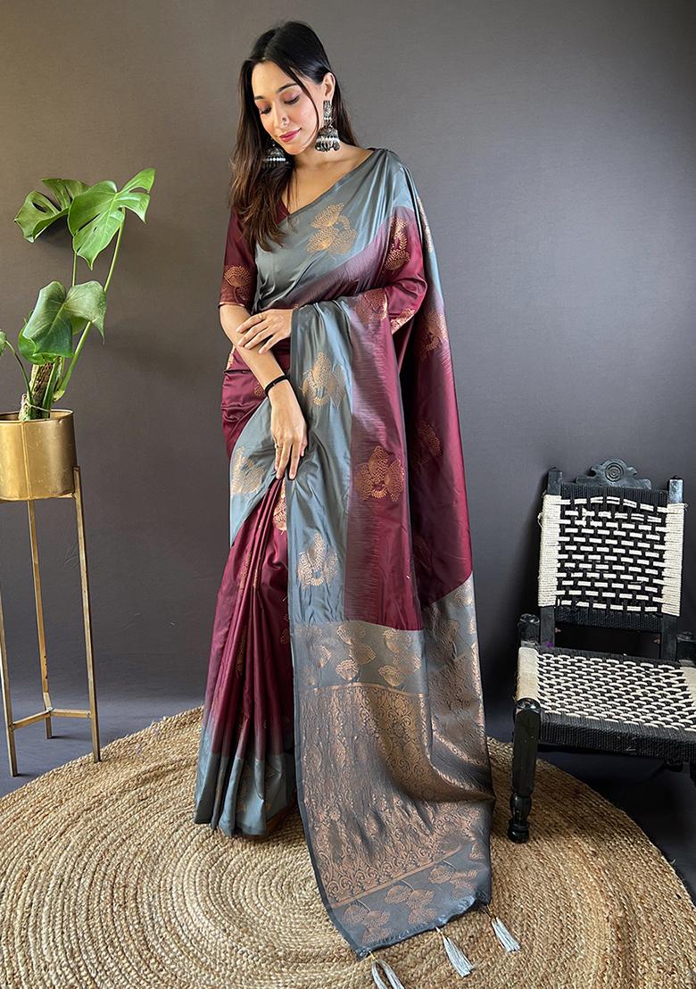 Burgundy Zari Embroidered Soft Silk Saree Set