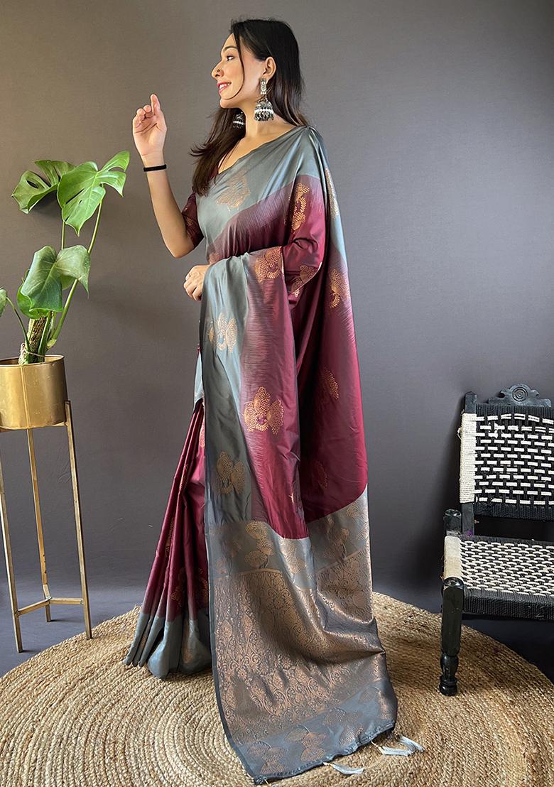Burgundy Zari Embroidered Soft Silk Saree Set