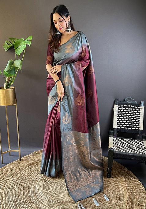 Burgundy Zari Embroidered Soft Silk Saree Set