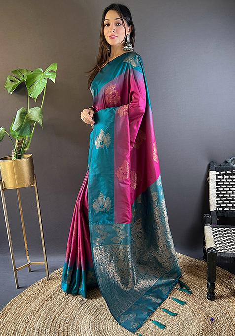 Pink Zari Embroidered Soft Silk Saree Set