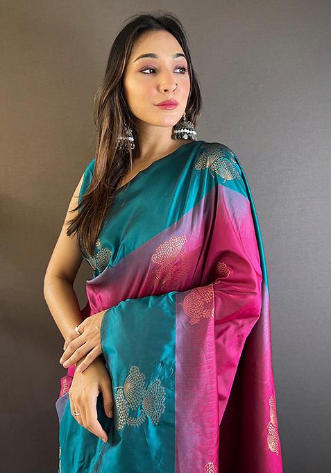 Pink Zari Embroidered Soft Silk Saree Set