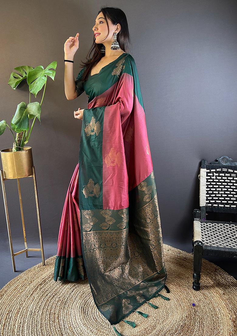 Maroon Zari Embroidered Soft Silk Saree Set