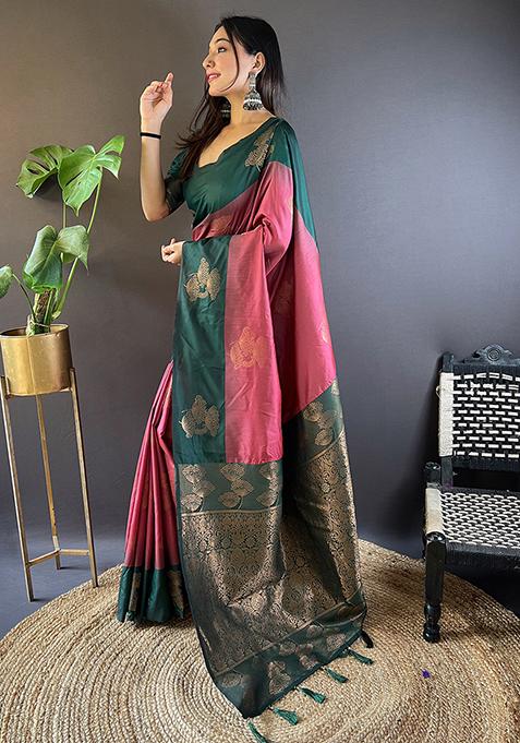 Maroon Zari Embroidered Soft Silk Saree Set