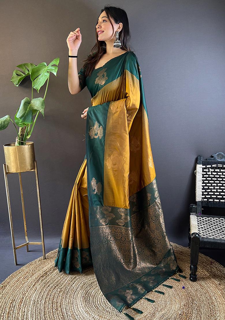 Gold Zari Embroidered Soft Silk Saree Set